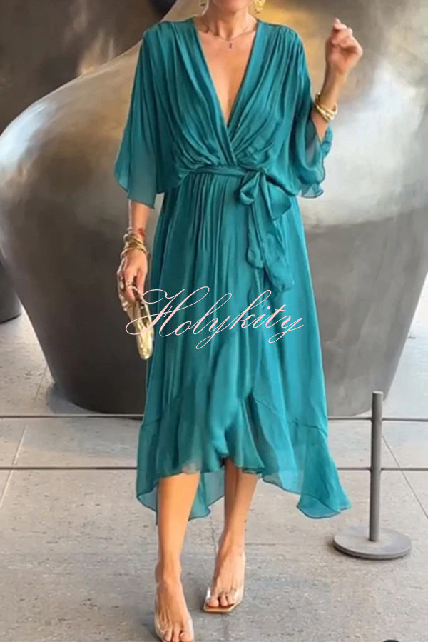 Solid Color V-neck Bat Sleeve Lace-up Irregular Hem Midi Dress