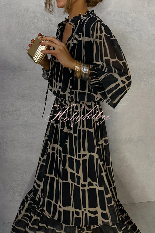 Unique Printed V-neck Tie-up Waist Long-sleeve Maxi Dress