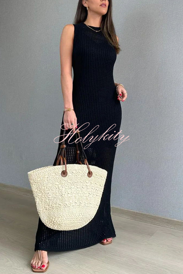 Elegant Knitted Round Neck Paneled Cutout Bodycon Maxi Dress