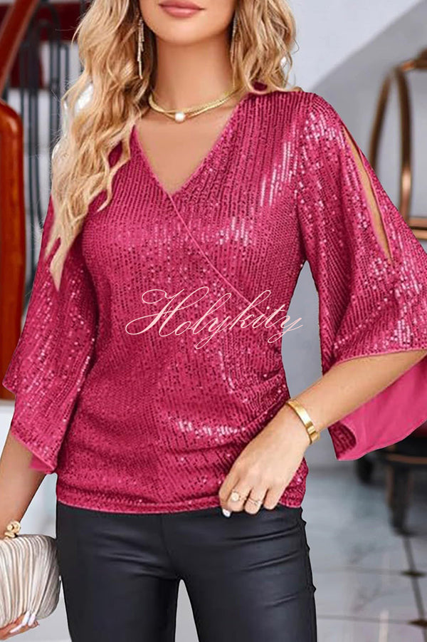 Solid Color Sequined V-neck Hollow Sleeve Slim Fit Top