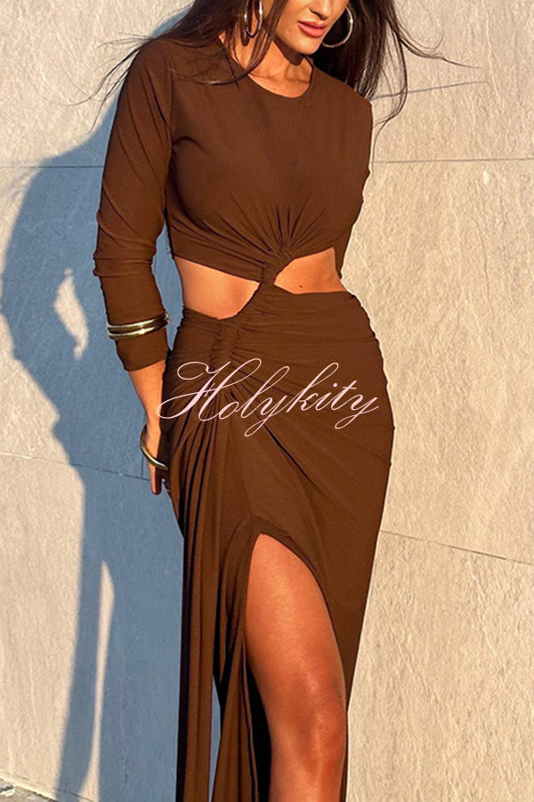 Solid Color Round Neck Long Sleeve Sexy Exposed Waist Slit Maxi Dress