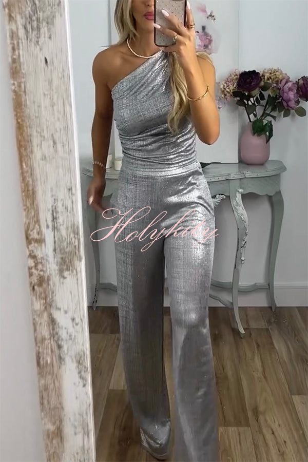 Shining Moment Metallic Fabric One Shoulder Ruched Tank and Pocketed Loose Stretch Pants Set