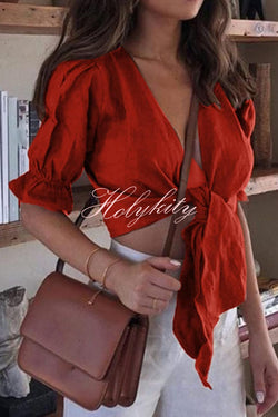 Solid Color Short-sleeved Tie Cropped Shirt