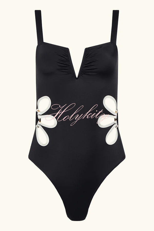 Hawaiian Style Side Waist Floral Hollow Out Stretch One-piece Swimsuit