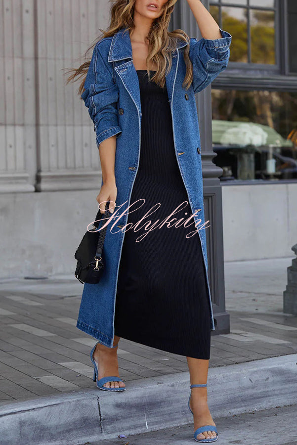 Solid Color Denim Double Pocket Button Down Midi Trench Coat