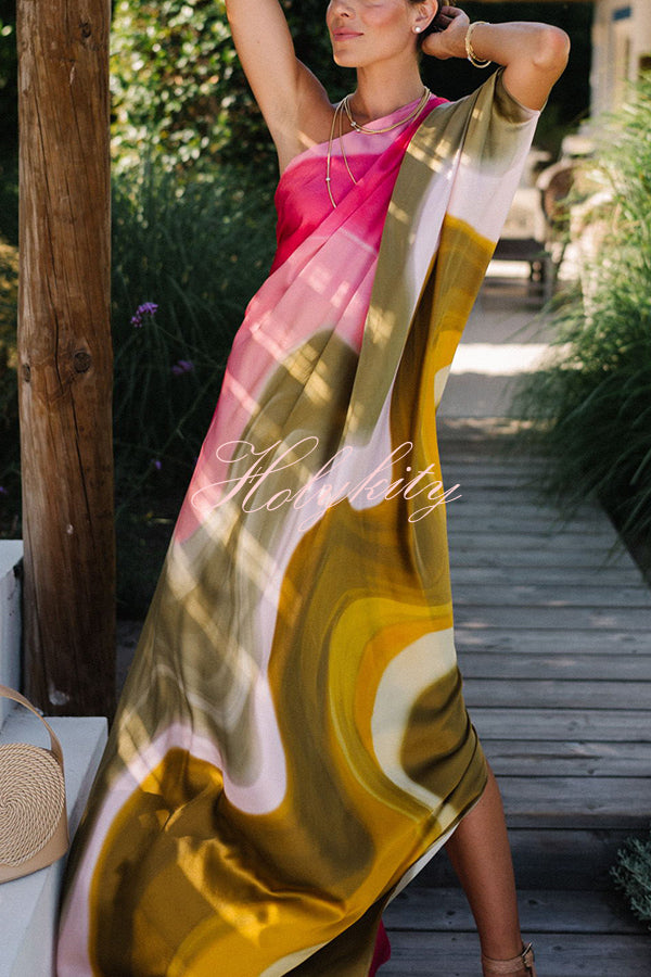 Summertime Favorites Satin Tie Dye Print One Shoulder Drape Vacation Maxi Dress