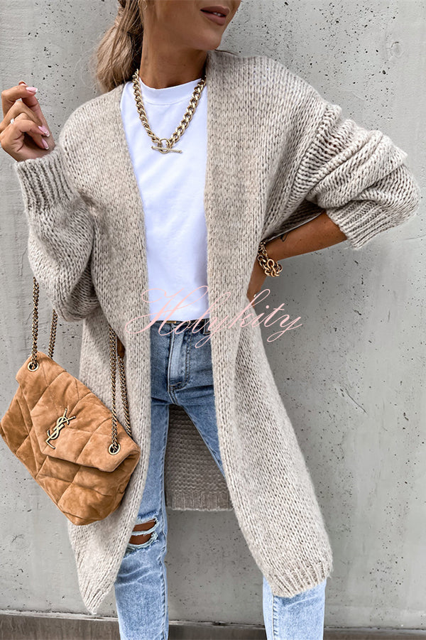 Solid Color V-neck Knitted Long-sleeved Oversized Midi Cardigan