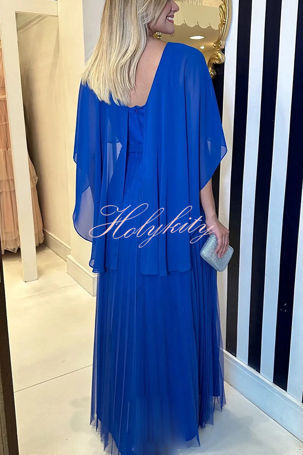 Ready for Holiday Cape Sleeve Tie-up Pleated Maxi Dress