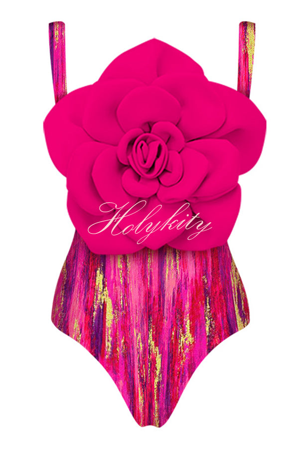 Fashionable Contrast Color Large Flower Stretch One-piece Swimsuit