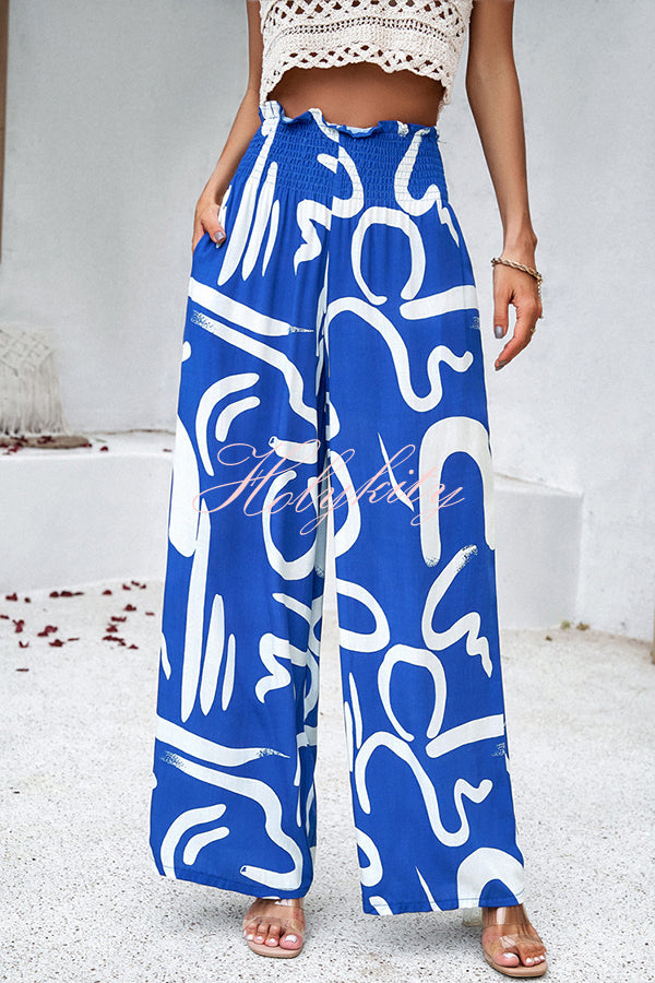 Uniquely Printed Ruffled Elastic Waist Pocket Pleated Wide Leg Pants