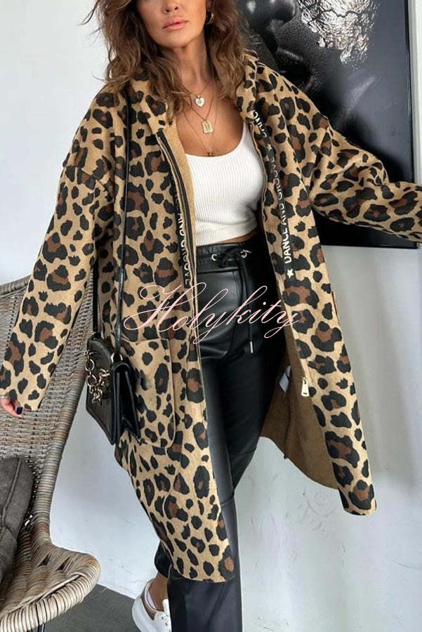 Fall Dreaming Animal Print Zipper Pocket Loose Hooded Midi Coat