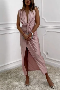 Classic and Sexy Dates V-neck Ruched Drape Slit Midi Dress