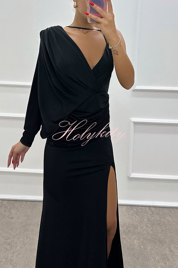 Like Venus One Shoulder Bat Sleeve Ruched Detail Slit Gown Maxi Dress