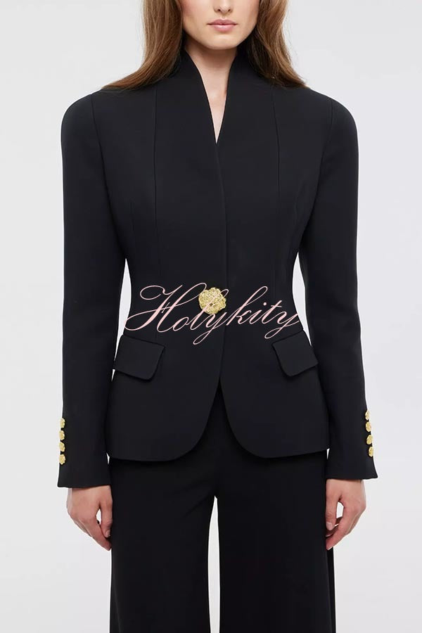 Classic Luxury Unique Metal Button Stand Collar Long Sleeve Jacket