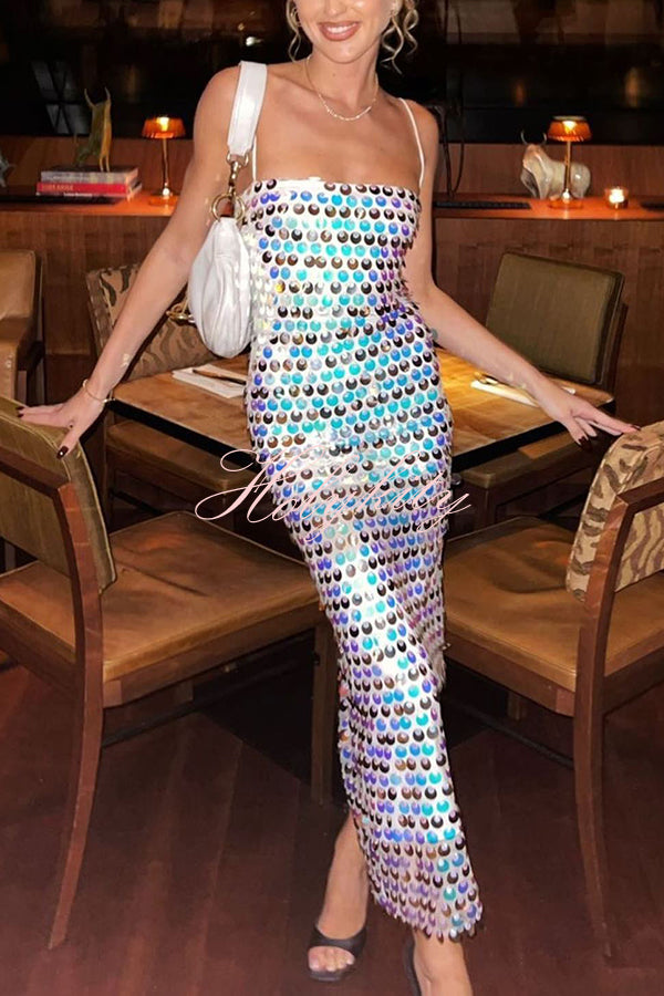 Glamour Glow Sequin Spaghetti Strap Birthday Party Midi Dresses