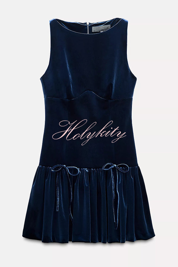 Solid Velvet Bow Embellished Sleeveless Mini Dress