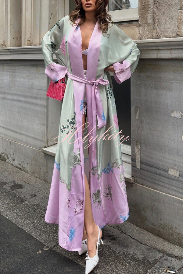 Karty Satin Unique Print Long Sleeve Belt Lapel Kimono Cover-ups