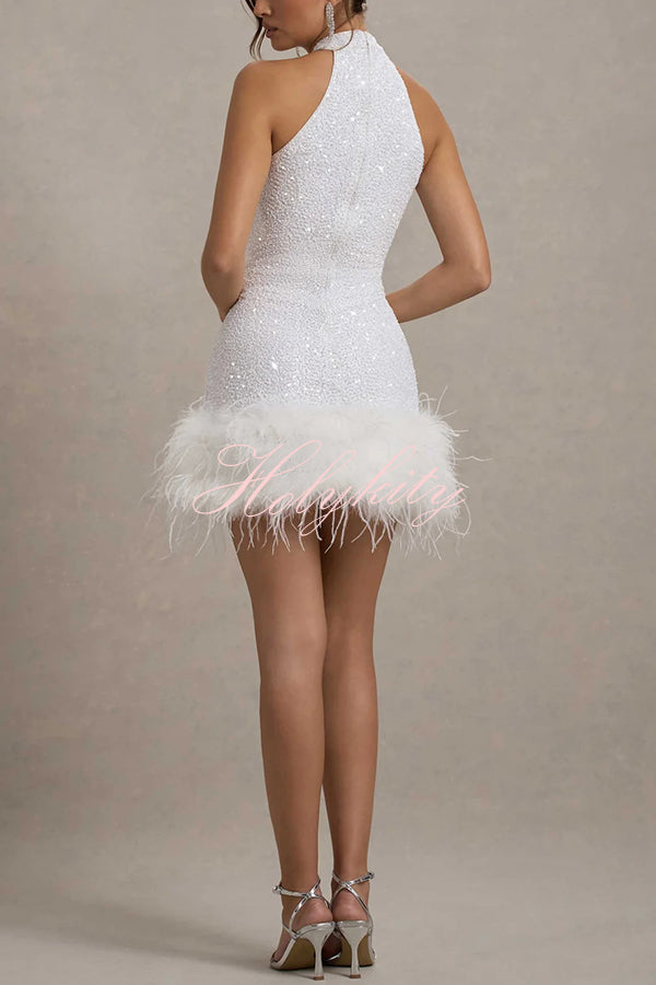 Dazzling and Playful Sequin High Neck Feather Trim Stretch Mini Dress