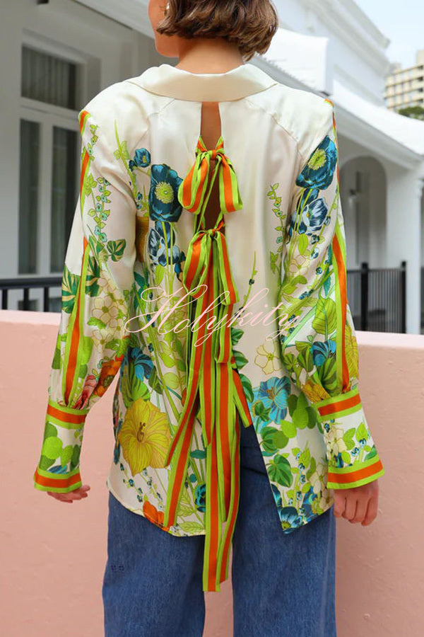 Antibes Satin Floral Print Back Tie-up Button Down Oversized Blouse