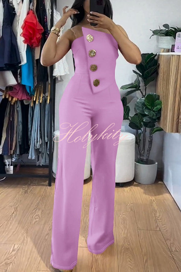 Solid Color Sexy Tube Top Gold Button Embellished Bootcut Jumpsuit