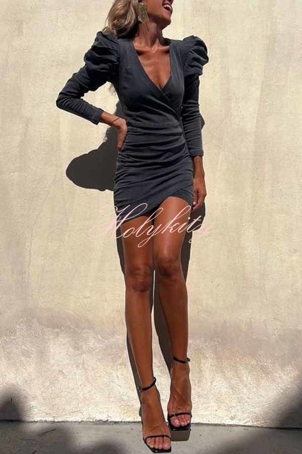 All The Best Denim Puff Sleeve Ruched Stretch Mini Dress