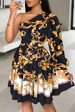 Stylish Printed One Shoulder Tighten Waist Mini Dress