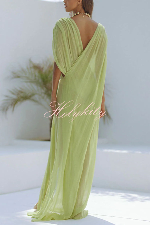 Enjoy Your Vacation Linen Blend Ruched Shoulder Drape Loose Cover Up Maxi Dress