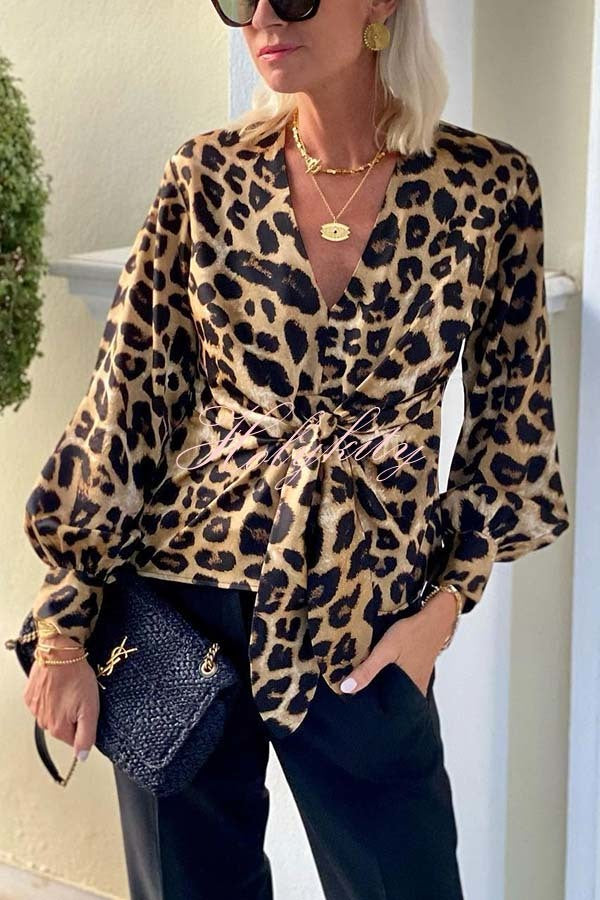 Janae Leopard Print Front Tie-up Lantern Sleeve Casual Blouse