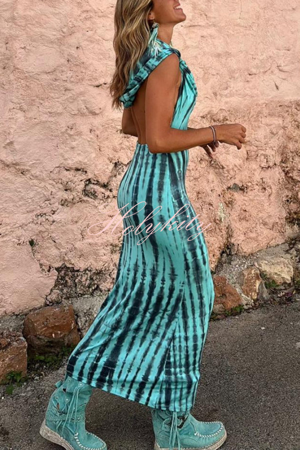 Pietra Tie Dye Print Scoop Neck Backless Hooded Stretch Maxi Dress