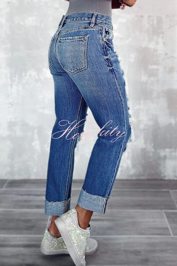 Lucy High Rise Distressed Pocketed Cuffed Hem Straight Leg Denim