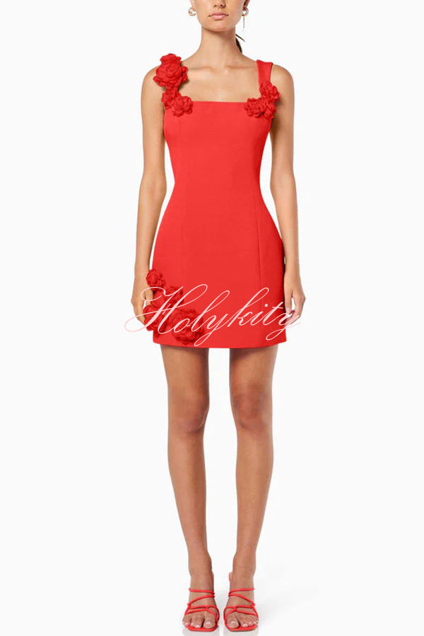 Crush on You Rose Applique Square Neck Wide Strap Mini Dress