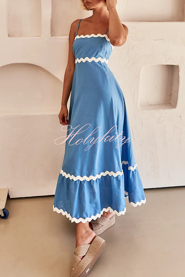 Bayside Beauty Wave Trim Patchwork Back Smocked Suspender Maxi Dress