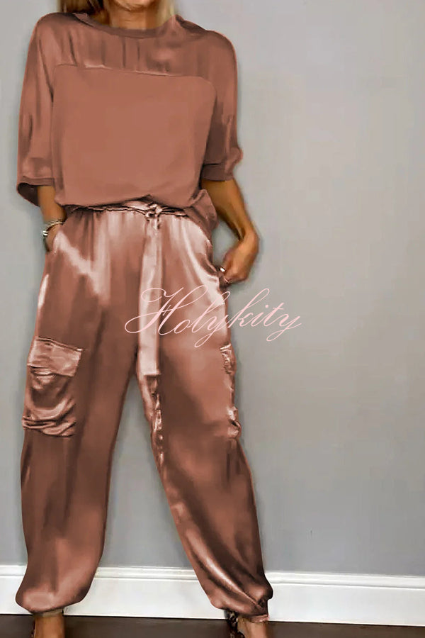 Calissa Smooth Satin Half-sleeved Top and Elastic Waist Pocket Pants Set