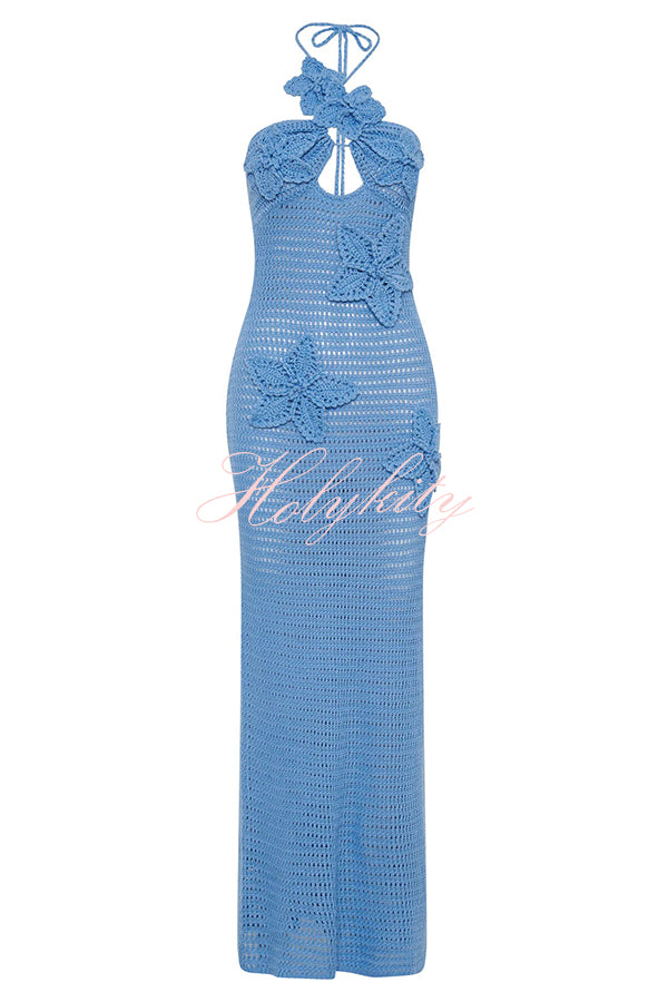 Call It Chic Knit Floral Crochet Halter Fishtail Hem Maxi Dress