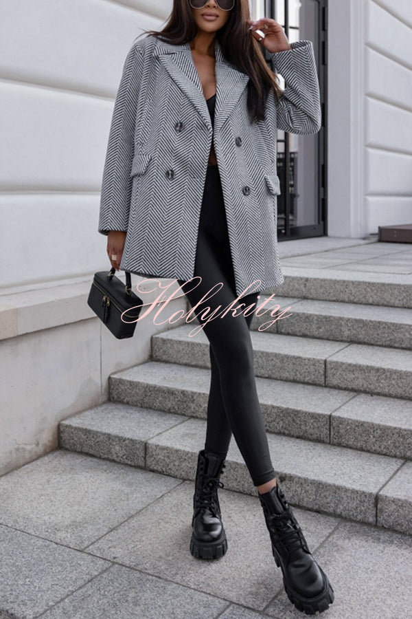 Fashion Stripe Print Lapel Pocket Coat