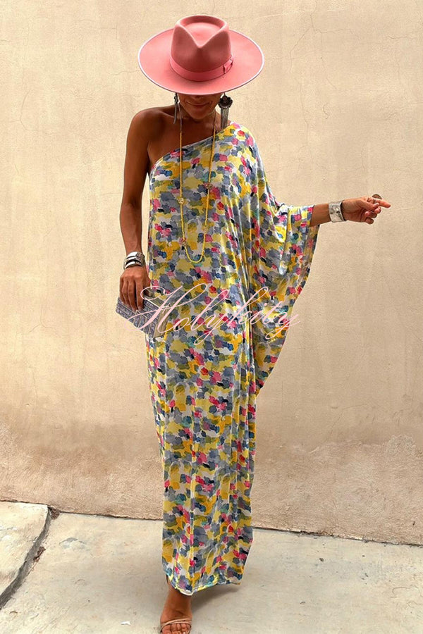 Indio Watercolor Print One Shoulder Drape Sleeve Maxi Dress