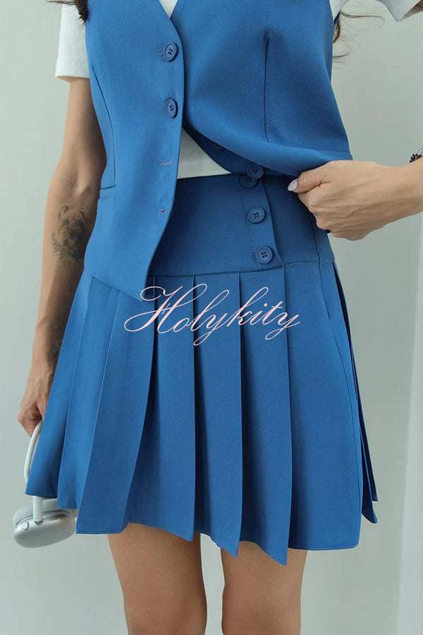 Solid Color Sleeveless Buttoned Vest and High-waisted Pleated Mini Skirt Set