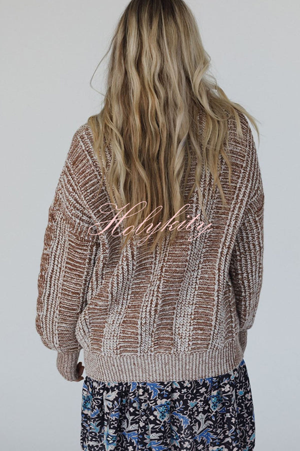 Casual V-neck Long-sleeved Striped Button-down Knitted Cardigan