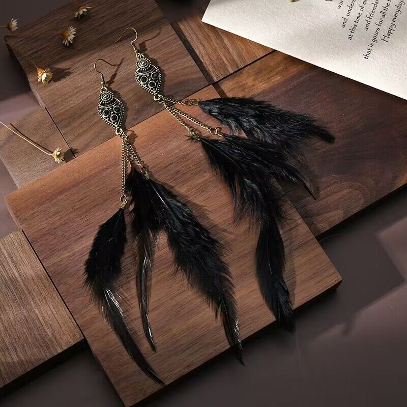 Vintage chain tassel bohemian feather earrings