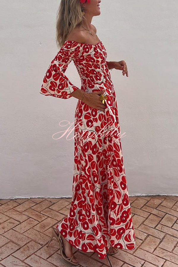 Close To The Vacation Floral Print Smocked Off Shoulder Pocketed Maxi Dress