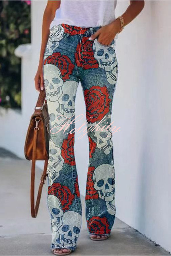 On A Drive Printed Faux Denim High Rise Flare Pants