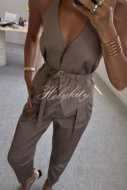 Sexy Backless Belted Waistcoat and Casual Pocket Pants Set