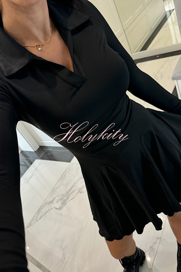 Solid Color Lapel Long Sleeve Slim Fit Waist Mini Dress