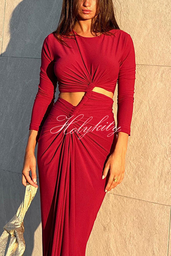 Solid Color Round Neck Long Sleeve Sexy Exposed Waist Slit Maxi Dress