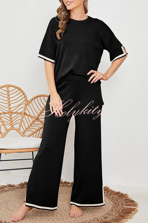 Lounge or Casual Wear Knit Patchwork Color Block Short Sleeve Top and Elastic Wide Leg Pants