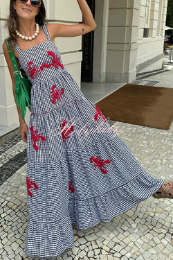 Funny Summer Plaid Lobster Print Square Neck Layered Maxi Dress