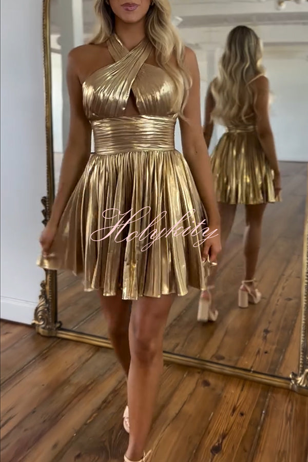 Star Night Metallic Fabric Cross Halter Neck  Pleated Mini Dress