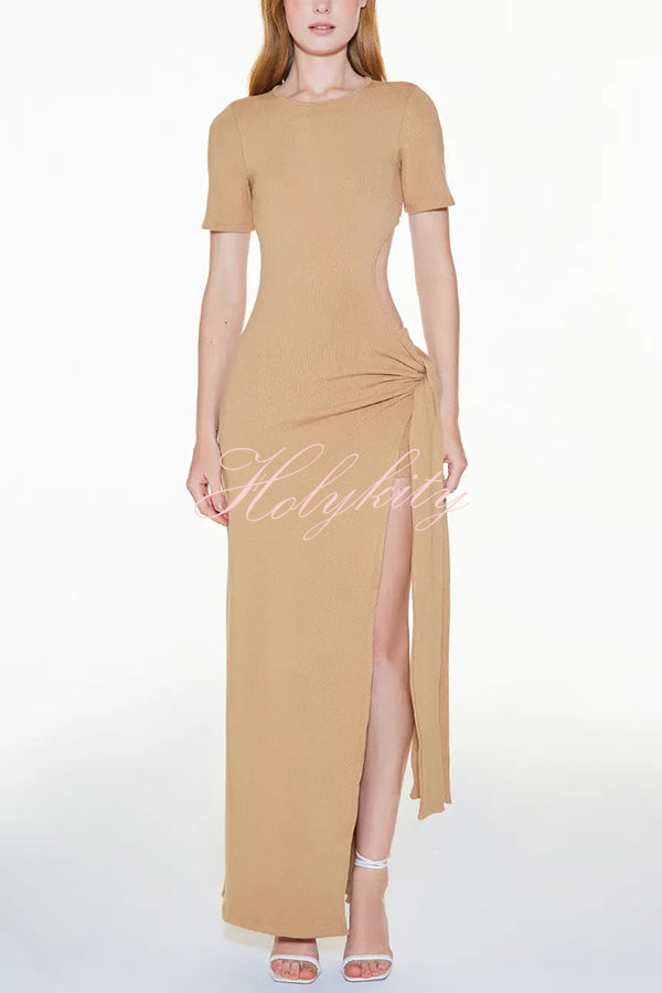 Holiday Party Ribbed Knit Cutout Waist Straps Slit Maxi Dress