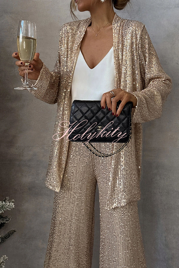 Party Scene Sequin Open Front Long Sleeve Drape Coat