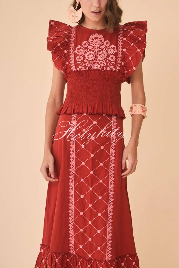 Kyoho Ethnic Unique Print Smocked Top and High Waist Midi Skirt Set